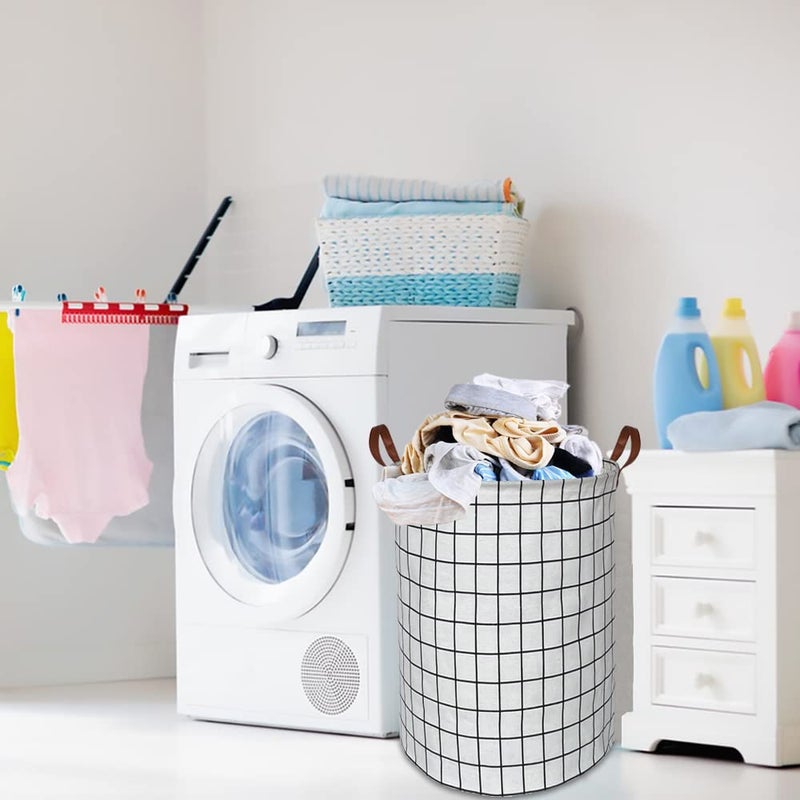 CLOCOR Collapsible Round Laundry Hamper/Large Storage Basket/Toys Bin/Boys and Girls Hamper/Room Decor (White check) - Image 3